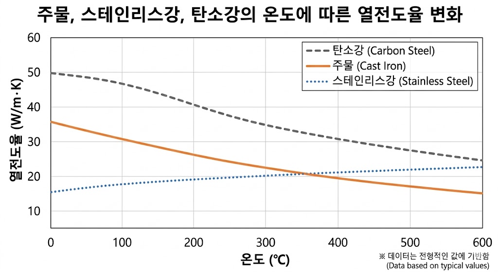 커피 로스팅 드럼의 공학적 분석: 구조와 재질에 따른 열역학적 특성 비교 2 주물, 스테인리스, 탄소강의 온도 변화에 따른 열전도 효율 그래프